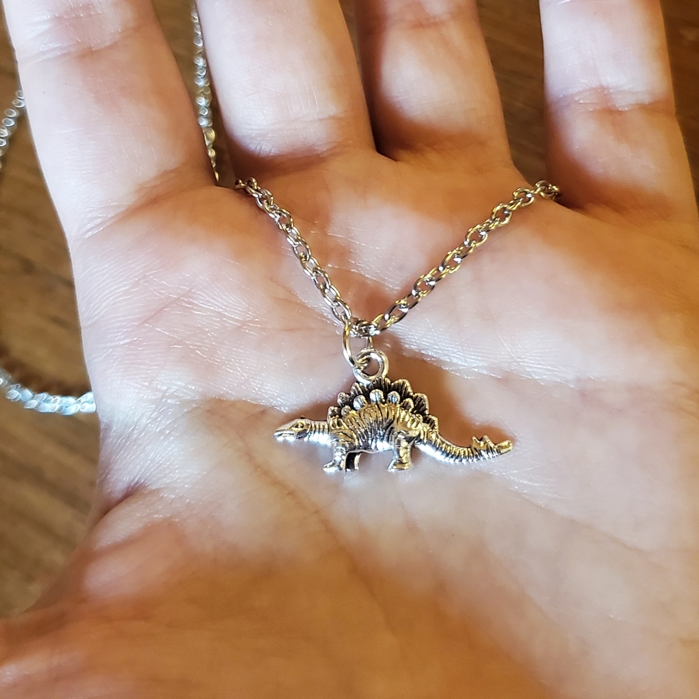 New Dainty Silver Stegosaurus Dinosaur Necklace - Picture 3 of 10